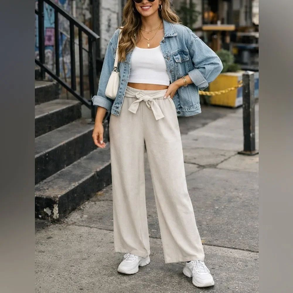 Zara Tie-Front Wide Leg Lounge Pants – Cream, Soft Knit, Relaxed Fit, Sz L